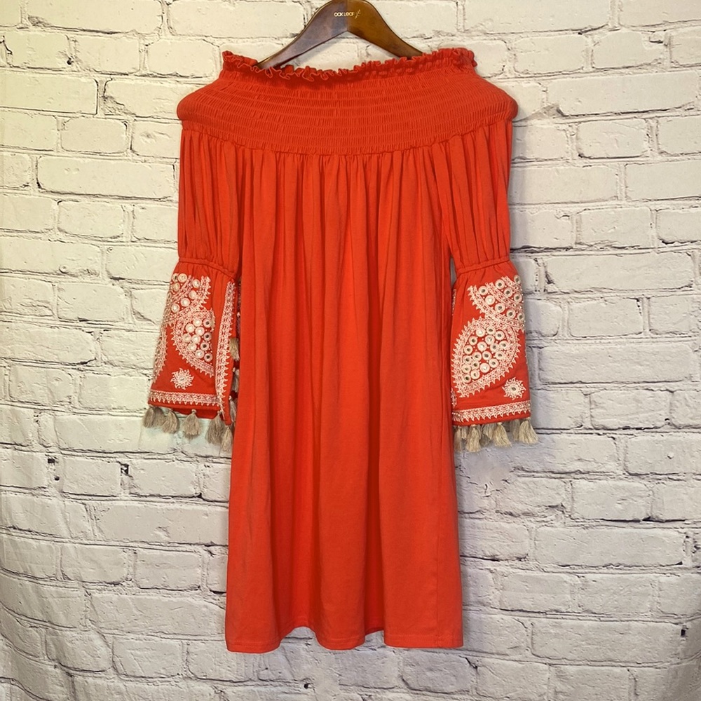 VaVa By Joy Han Orange & Cream Embroidered Off The Shoulder Dress Size Small New